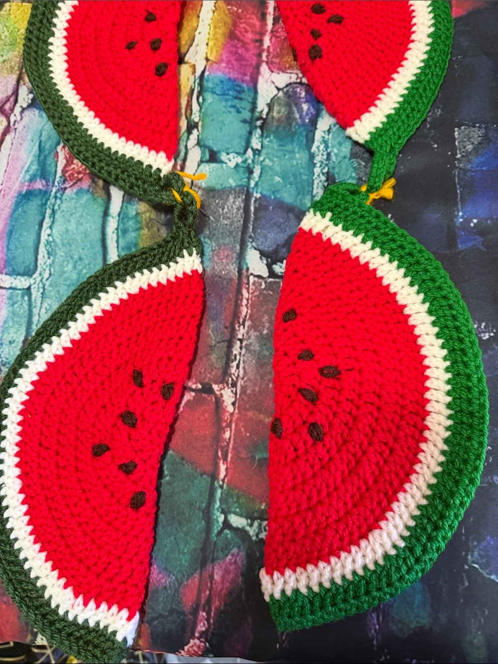 Handmade Crochet Watermelon pot holder or wall art- Red & Green - Picture 3 of 5